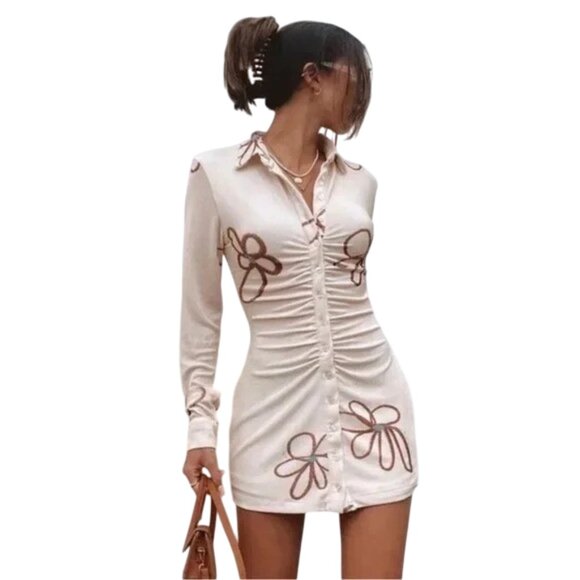With‎ Jean Andy Mini Dress Small Cream Chalk And Flower Long Sleeve NWT DR-1706 - Picture 1 of 13